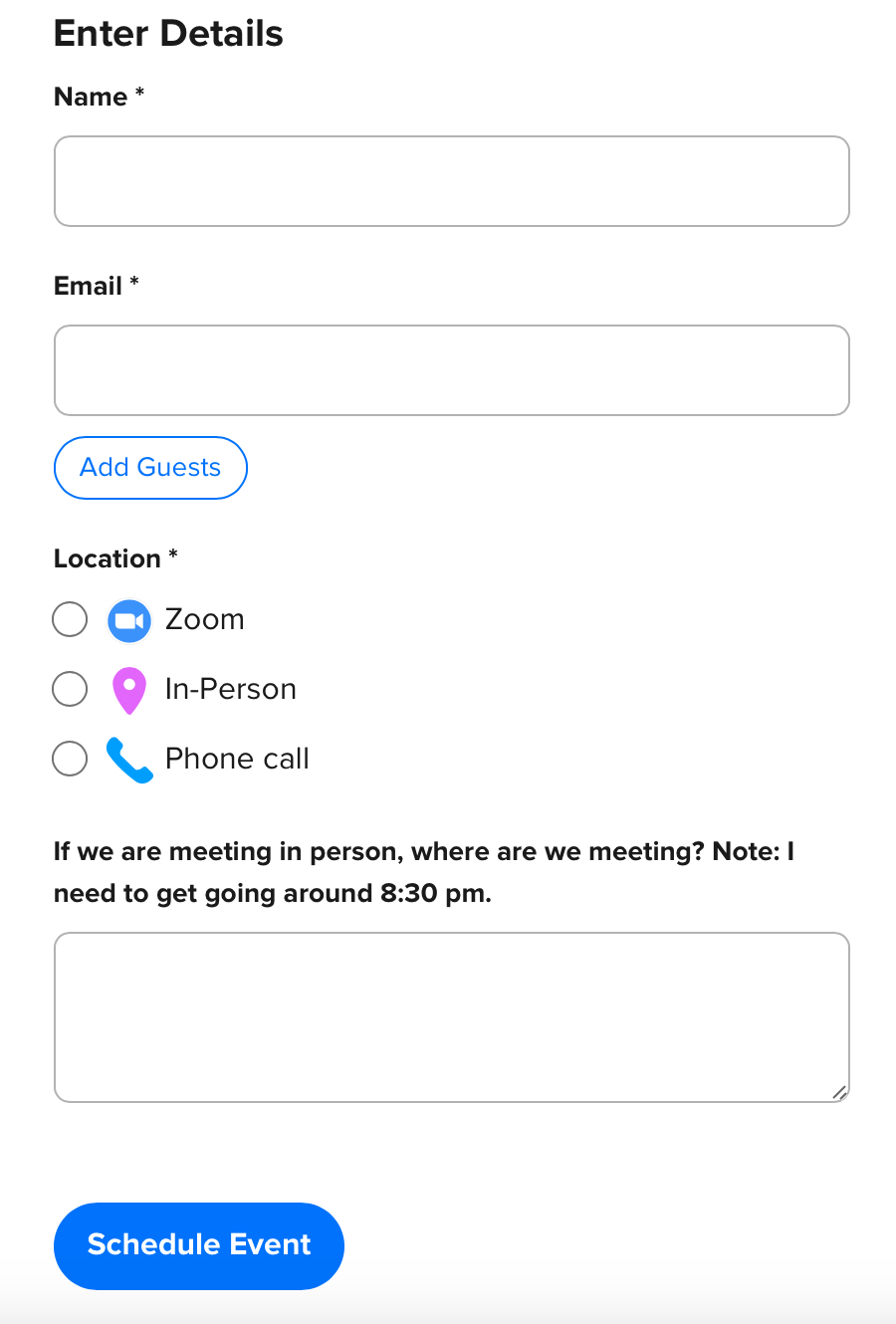 Displays questions you could have Calendly ask