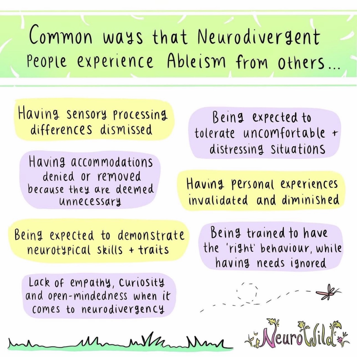 Panel 4 of 5: Common Ways That Neurodivergent People Experience Ableism From Others. Having sensory processing differences dismissed. Being expected to tolerate uncomfortable + distressing situations. Having accommodations denied or removed because they are deemed unnecessary. Having personal experiences invalidated and diminished. Being expected to demonstrate neurotypical skills + traits. Being trained to have the 'right' behaviour, while having needs ignored. Lack of empathy, curiosity and open-mindedness when it comes to neurodivergence.