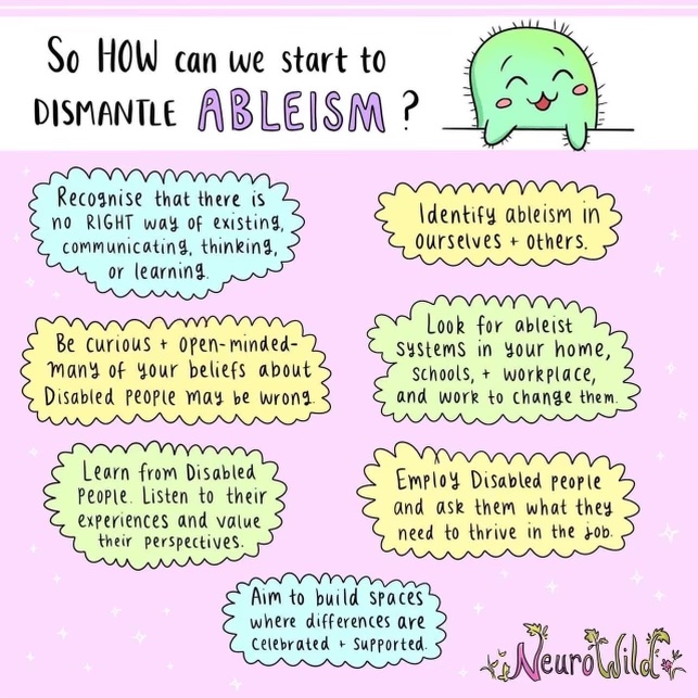So How Can We Start to Dismantle Ableism?. Recognise that there is no RIGHT way of existing, communicating, thinking, or learning. Identify ableism in ourselves + others. Be curious + open-minded—many of your beliefs about Disabled people may be wrong. Look for ableist systems in your home, schools, + workplace, and work to change them. Learn from Disabled People. Listen to their experiences and value their perspectives. Employ Disabled people and ask them what they need to thrive in the job. Aim to build spaces where differences are celebrated + supported.