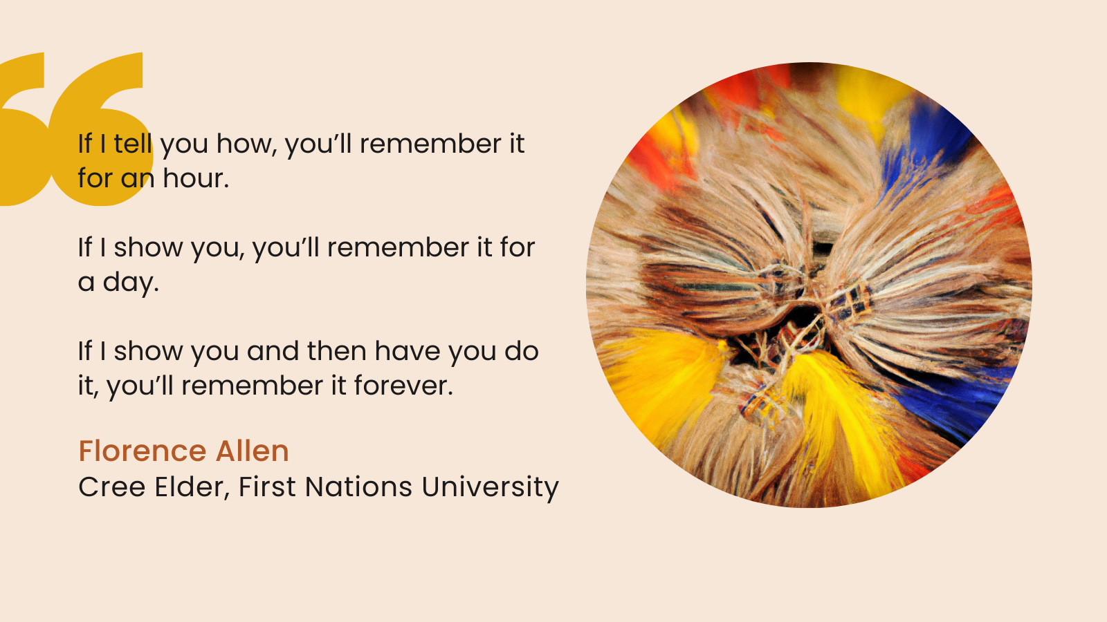 Quote from Cree Elder Florence Allen at First Nations University "If I tell you how, you’ll remember it for an hour.   If I show you, you’ll remember it for a day.   If I show you and then have you do it, you’ll remember it forever."